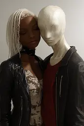 Midjourney generated image using SREF code Hushframe: A mannequin and a woman standing next to each other.