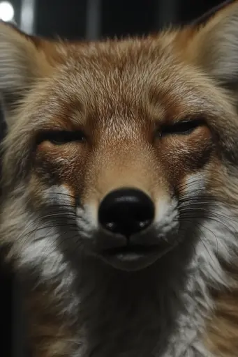Midjourney generated image using SREF code Hushframe: A close up of a fox's face with its eyes closed.