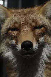 Midjourney generated image using SREF code Hushframe: A close up of a fox's face with its eyes closed.