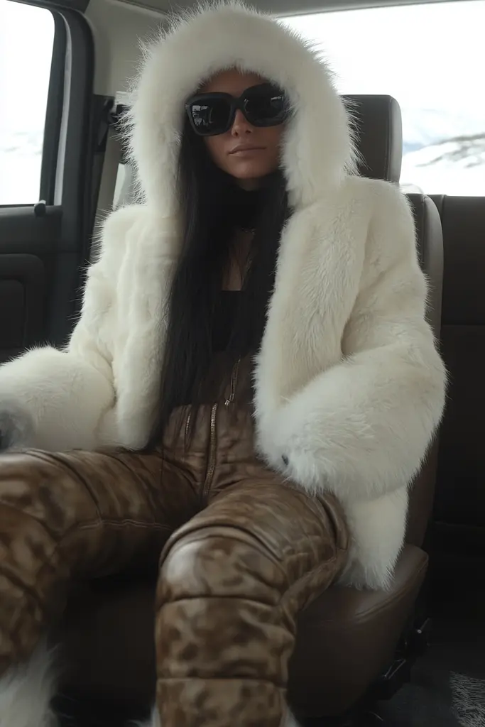 Midjourney generated image using SREF code Hushframe: A woman sitting in the back seat of a car wearing a white fur coat.