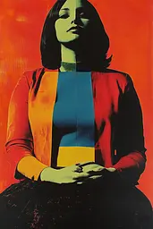 Midjourney generated image using SREF code Polychromaze: A painting of a woman in a red shirt and black skirt.