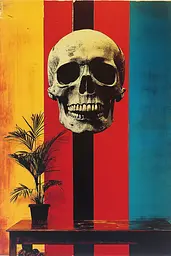 Midjourney generated image using SREF code Polychromaze: A painting of a skull on a table next to a plant.