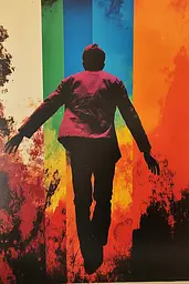 Midjourney generated image using SREF code Polychromaze: A man walking in front of a rainbow colored wall.