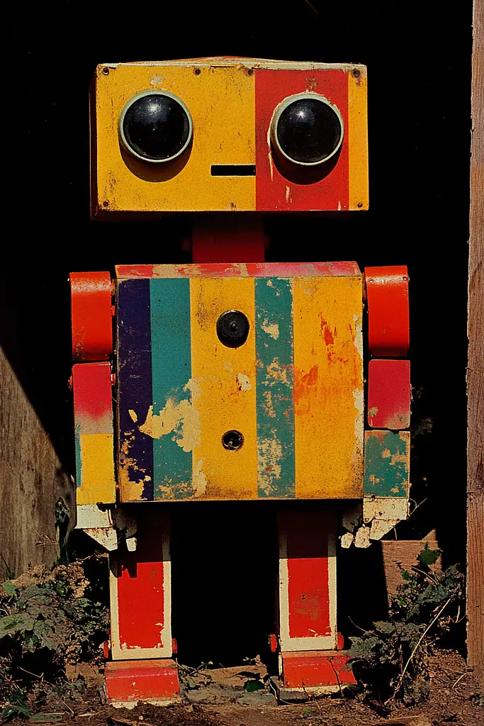 Midjourney generated image using SREF code Polychromaze: A colorful robot is standing in front of a wall.