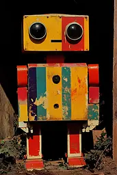 Midjourney generated image using SREF code Polychromaze: A colorful robot is standing in front of a wall.