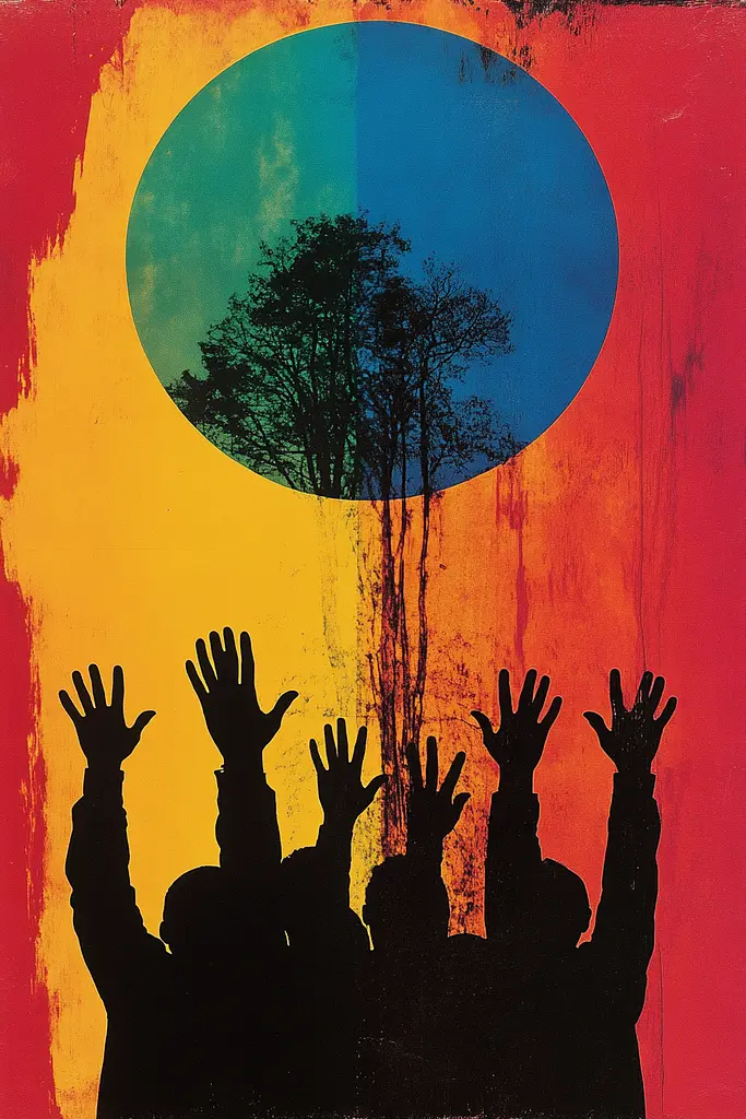 Midjourney generated image using SREF code Polychromaze: A group of people raising their hands in the air.