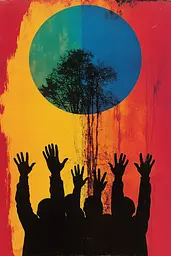 Midjourney generated image using SREF code Polychromaze: A group of people raising their hands in the air.