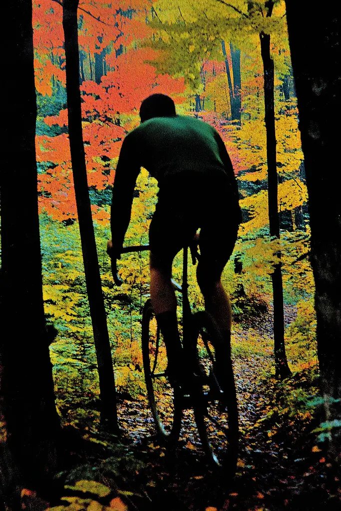 Midjourney generated image using SREF code Polychromaze: A man riding a bike through a forest in the fall.