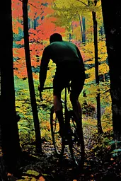 Midjourney generated image using SREF code Polychromaze: A man riding a bike through a forest in the fall.