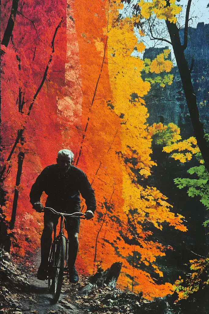 Midjourney generated image using SREF code Polychromaze: A man riding a bike down a dirt road in the woods.