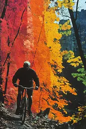 Midjourney generated image using SREF code Polychromaze: A man riding a bike down a dirt road in the woods.