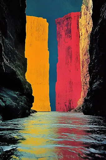 Midjourney generated image using SREF code Polychromaze: A painting of a river in the middle of a canyon.