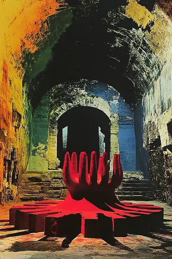 Midjourney generated image using SREF code Polychromaze: A painting of a red hand reaching out of an archway.
