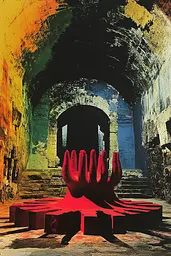 Midjourney generated image using SREF code Polychromaze: A painting of a red hand reaching out of an archway.