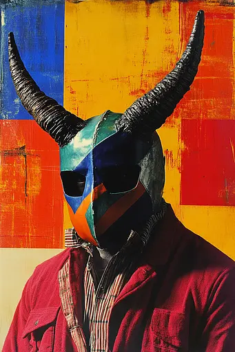 Midjourney generated image using SREF code Polychromaze: A man wearing a mask with horns on his head.