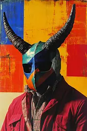 Midjourney generated image using SREF code Polychromaze: A man wearing a mask with horns on his head.