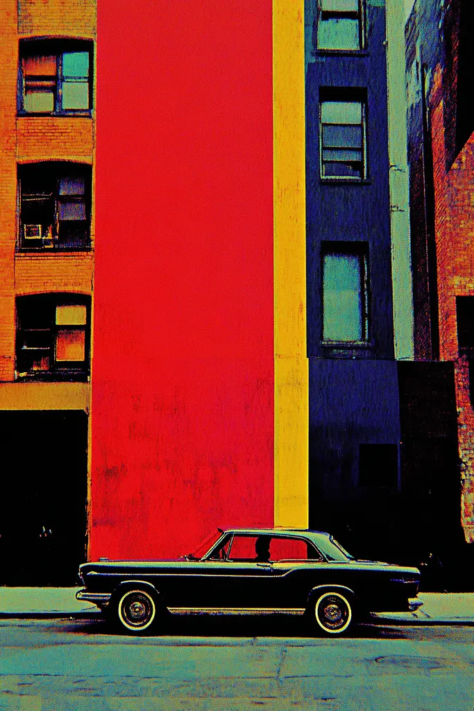 Midjourney generated image using SREF code Polychromaze: A black car parked in front of a colorful building.