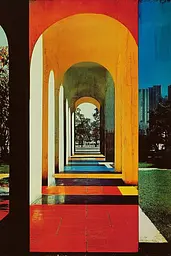Midjourney generated image using SREF code Polychromaze: A colorful archway in the middle of a grassy area.