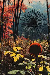 Midjourney generated image using SREF code Polychromaze: A spider web in the middle of a forest surrounded by trees.