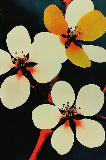 Midjourney generated image using SREF code Polychromaze: A close up of three white and yellow flowers on a branch.