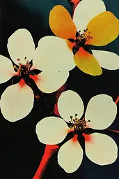 Midjourney generated image using SREF code Polychromaze: A close up of three white and yellow flowers on a branch.