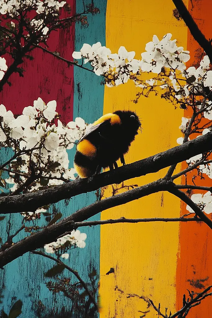 Midjourney generated image using SREF code Polychromaze: A bee sitting on a tree branch with white flowers.