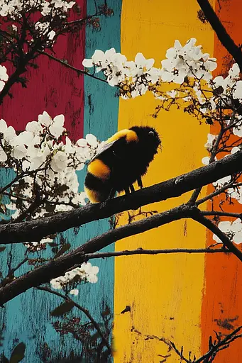 Midjourney generated image using SREF code Polychromaze: A bee sitting on a tree branch with white flowers.