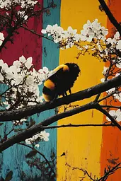 Midjourney generated image using SREF code Polychromaze: A bee sitting on a tree branch with white flowers.