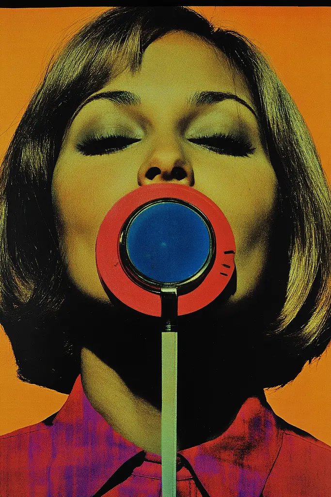 Midjourney generated image using SREF code Polychromaze: A woman blowing a lollipop in front of her face.