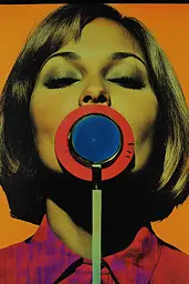 Midjourney generated image using SREF code Polychromaze: A woman blowing a lollipop in front of her face.