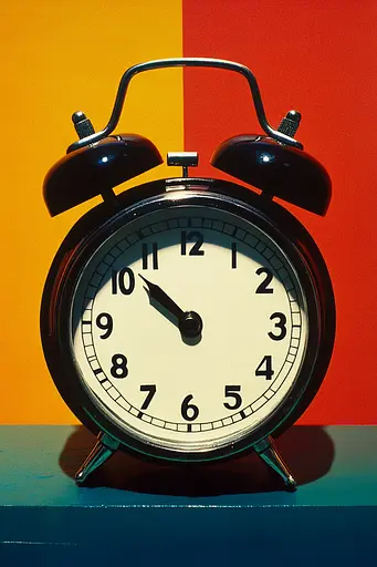 Midjourney generated image using SREF code Polychromaze: A black alarm clock sitting on top of a table.
