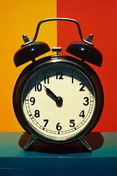 Midjourney generated image using SREF code Polychromaze: A black alarm clock sitting on top of a table.
