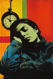 Midjourney generated image using SREF code Polychromaze: A woman with her head in her hands next to a clock.