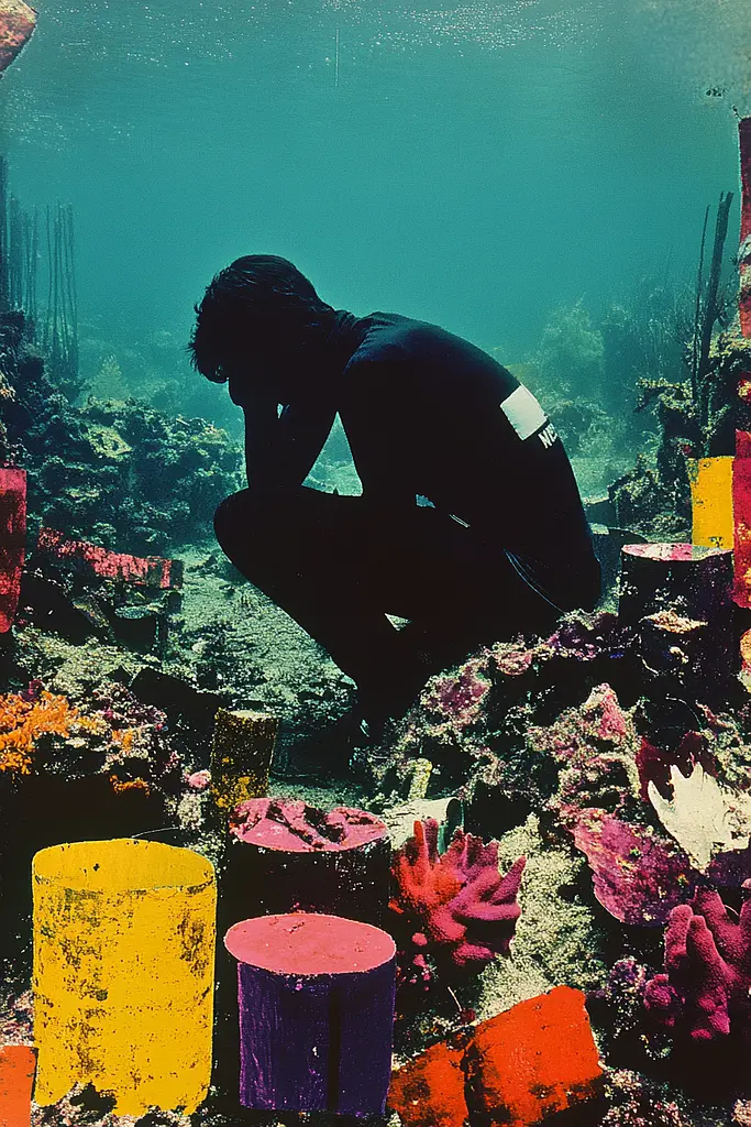 Midjourney generated image using SREF code Polychromaze: A man crouches down on a coral reef in the ocean.