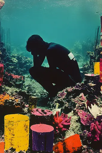 Midjourney generated image using SREF code Polychromaze: A man crouches down on a coral reef in the ocean.