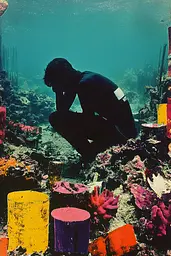 Midjourney generated image using SREF code Polychromaze: A man crouches down on a coral reef in the ocean.
