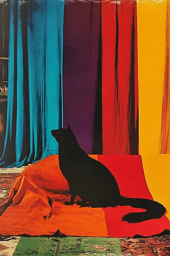 Midjourney generated image using SREF code Polychromaze: A black cat sitting on top of a colorful blanket.