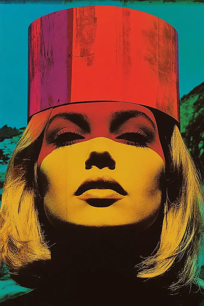 Midjourney generated image using SREF code Polychromaze: A woman with a red hat on her head.