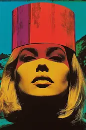Midjourney generated image using SREF code Polychromaze: A woman with a red hat on her head.