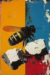 Midjourney generated image using SREF code Polychromaze: A painting of a bee sitting on top of a piece of paper.