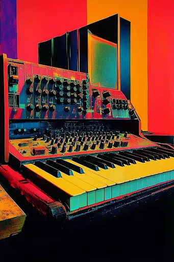 Midjourney generated image using SREF code Polychromaze: A synthesizer sitting on top of a wooden table.