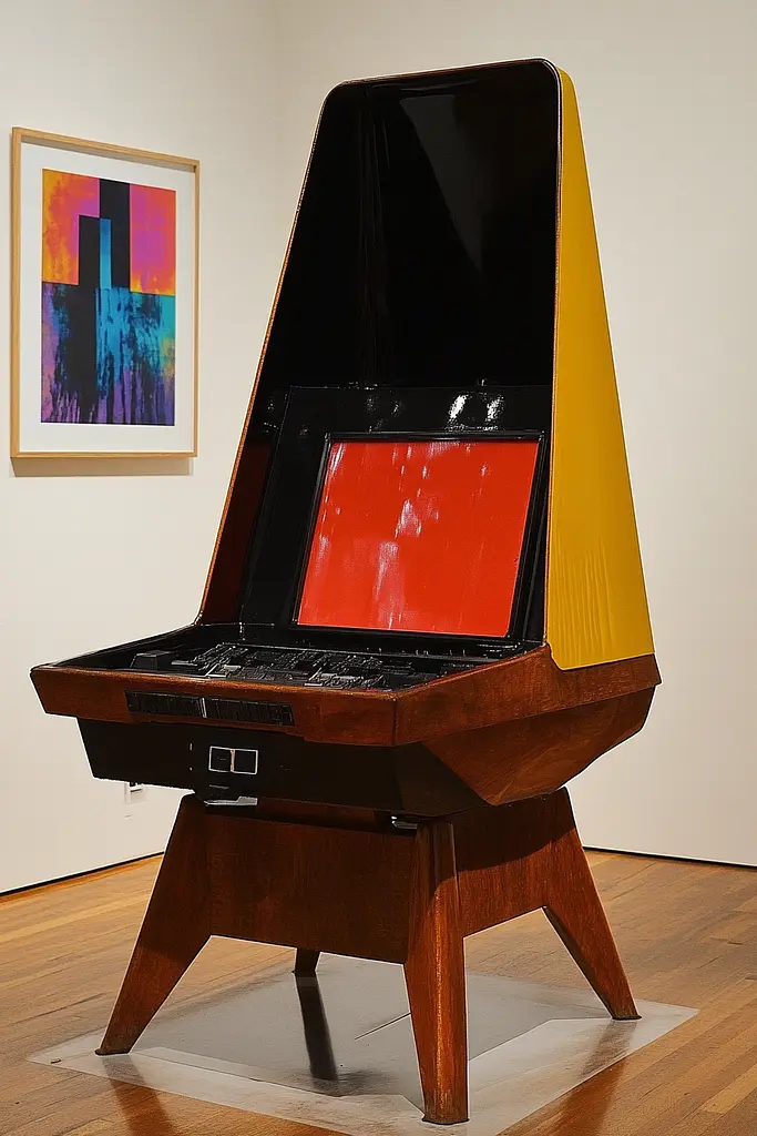 Midjourney generated image using SREF code Polychromaze: A small arcade machine sitting on top of a wooden floor.