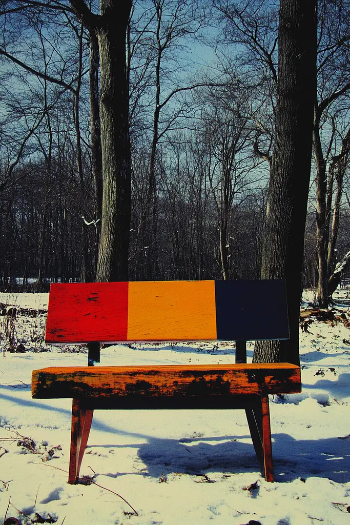 Midjourney generated image using SREF code Polychromaze: A colorful bench sitting in the middle of a snow covered field.