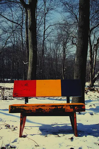 Midjourney generated image using SREF code Polychromaze: A colorful bench sitting in the middle of a snow covered field.