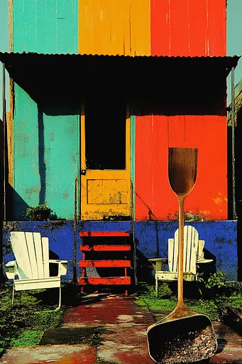 Midjourney generated image using SREF code Polychromaze: A wooden shovel sitting in front of a colorful building.
