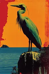 Midjourney generated image using SREF code Polychromaze: A large bird standing on top of a rock by the ocean.