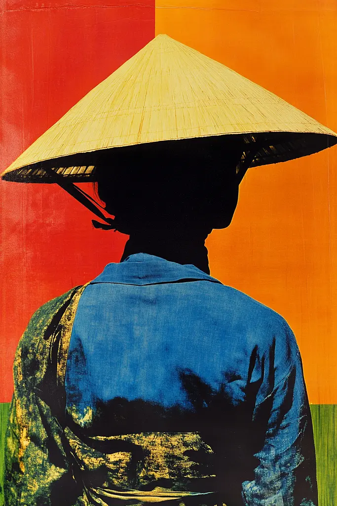 Midjourney generated image using SREF code Polychromaze: A woman wearing a conical hat standing in front of a colorful background.