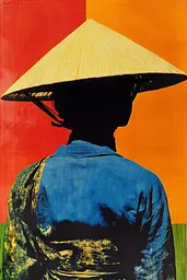 Midjourney generated image using SREF code Polychromaze: A woman wearing a conical hat standing in front of a colorful background.