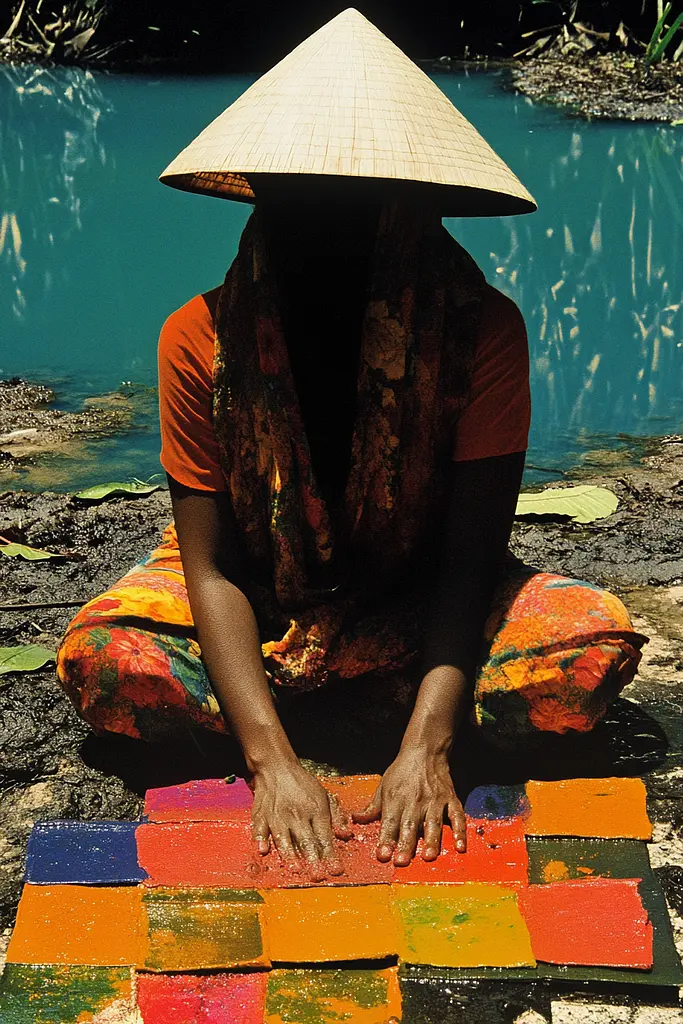 Midjourney generated image using SREF code Polychromaze: A woman in a conical hat sitting on the ground next to a river.