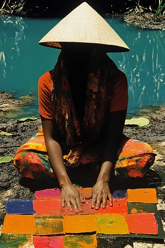 Midjourney generated image using SREF code Polychromaze: A woman in a conical hat sitting on the ground next to a river.
